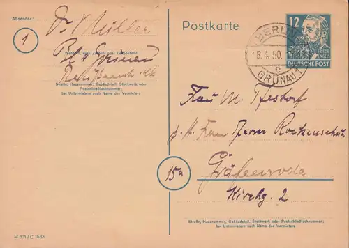Postkarte P 36a/02 Engels 12 Pf. DV M 301 / C 1633, BERLIN-GRÜNAU 1c - 8.4.1950