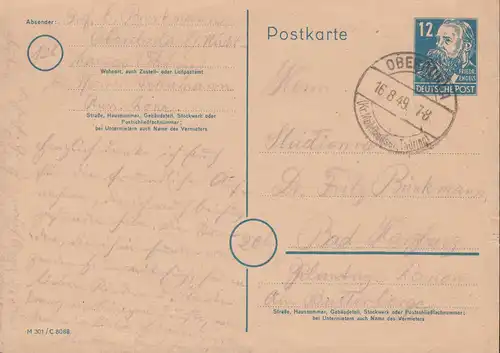 Postkarte P 36a/01 Engels 12 Pf. DV M 301 / C 8088, OBERDORLA 16.8.1949