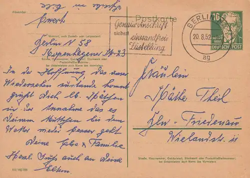 Carte postale P 41I a Bebel 10 Pf. DV III/18/185, BERLIN Adresse exacte 20.8.52