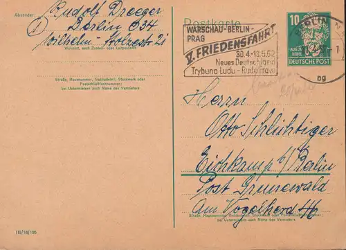 Carte postale P 41I a Bebel 10 Pf. DV III/18/185, BERLIN V. Voyage de paix 11.4.1952