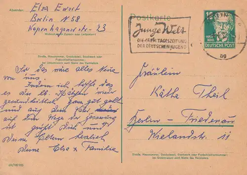 Postkarte P 41I a Bebel 10 Pf. DV III/18/185, BERLIN Junge Welt 4.4.1952