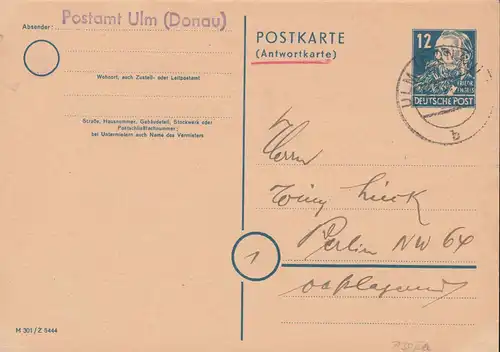 Postkarte P 38 II A Engels DV M 301 / Z 5444 Antwortteil Type II, ULM 7.6.1951