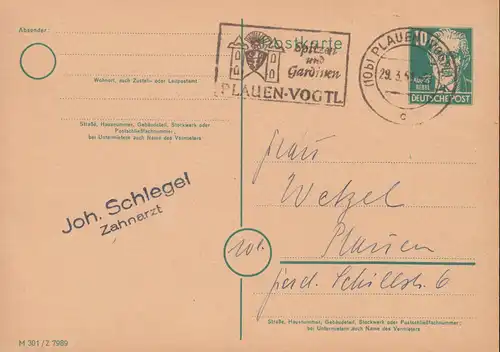 Carte postale P 35/05 Bebel 10 Pf. DV M 301 / Z 7989, PLAUEN 29.3.1951 Localité-PK