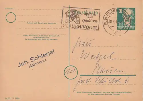 Postkarte P 35/05 Bebel 10 Pf. DV M 301 / Z 7989, PLAUEN 29.3.1951 Orts-PK