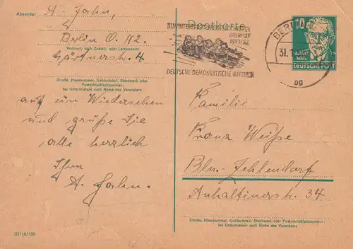 Carte postale P 41a I Bebel 10 Pf DV III /18/185, BERLIN Sport d'hiver 31.1.52 Localité-PK