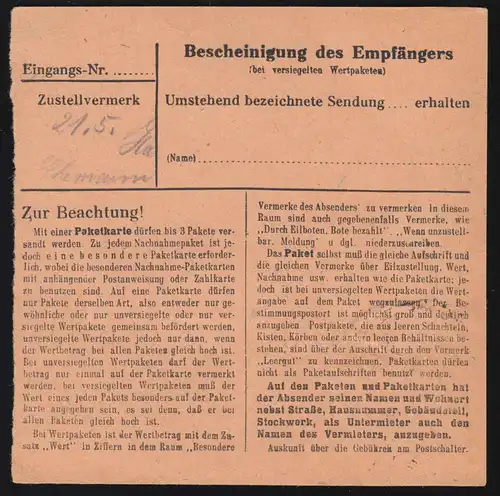 253 Pieck avec Kollwitz sur carte de paquets WEISSENFELS vers Edenkoben