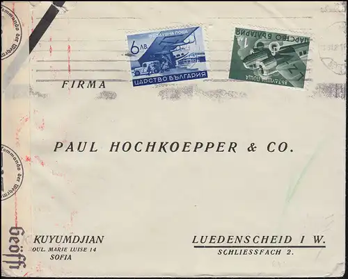 Censuration allemande sur la Bulgarie Lettre avion-Frankature 377+380 SOFIA vers 1940