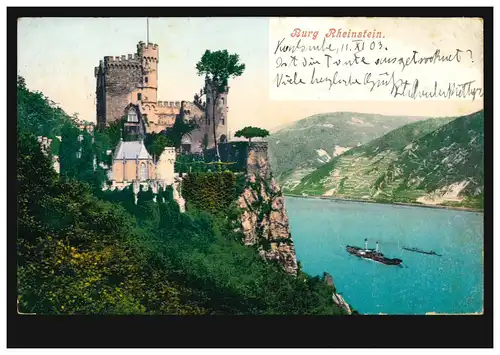 AK Burg Rheinstein, KARLSRUHE / BADE 11.11.1903 vers ZELL / WESENTHAL 12.11.03