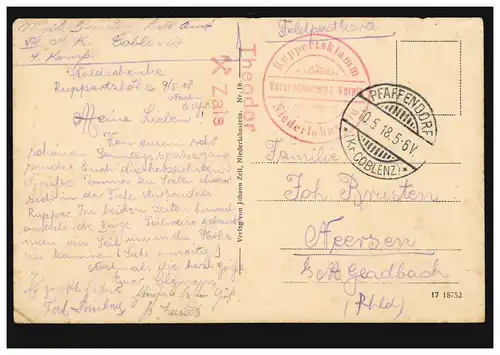 AK Niederlahnstein: Partie aus der Ruppertsklamm, Feldpost PFAFFENDORF 10.5.18