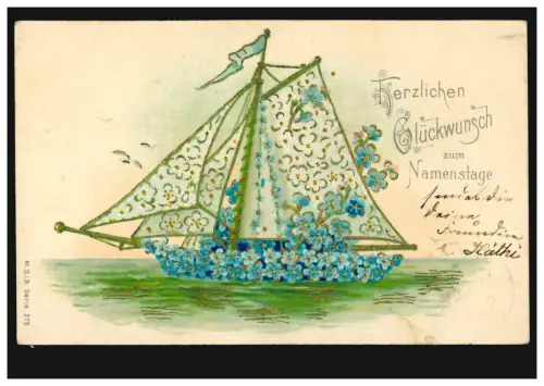 Prägekarte Namenstag Segelschiff aus Veilchen, Ortspostkarte MÜNCHEN 20.6.1905