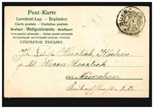 Prägekarte Namenstag Segelschiff aus Veilchen, Ortspostkarte MÜNCHEN 20.6.1905