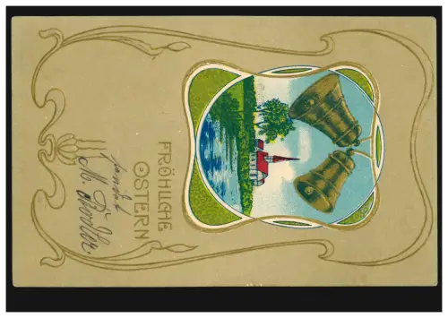 Carte de Pâques Médaillon avec église et cloches, PK local MUNICH 13.4.1906