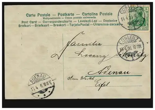 Prägekarte Ostern Küken sitzt auf Osterei, COBLENZ 14.4.1906 nach ADENAU 15.4.06