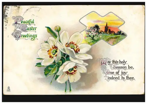 USA-Prägekarte Ostern Landschaftsbild im Kreuz mit Blumen, BREWER 5.4.1912  