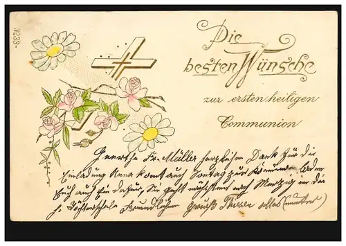 Carte de la Sainte Communion Fleurs Croix, selon OTERSHEIM bei GERMERSHEIM 1902