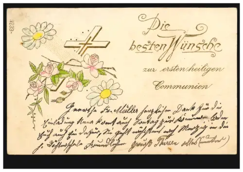 Prägekarte Heilige Kommunion Blumen Kreuz, nach OTTERSHEIM bei GERMERSHEIM 1902
