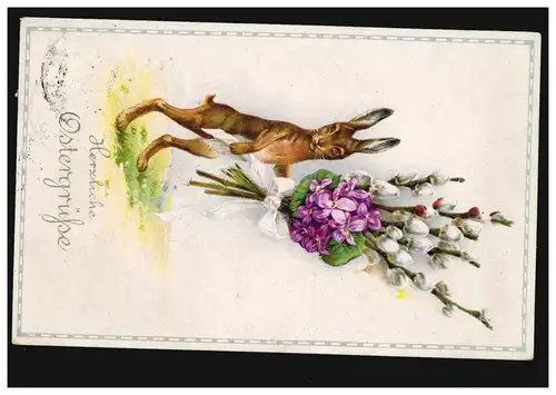 Künstler-AK Ostern - Osterhase mit Blumen, Großsalze Kreis Calbe/Saale 19.4.1919
