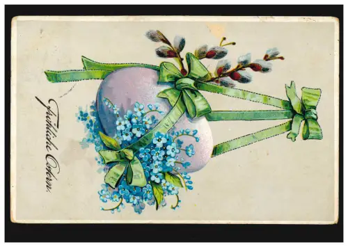 Künstler-AK Ostern Osterei mit Weidenkätzchen und Veilchen, MERSEBURG 11.4.1914