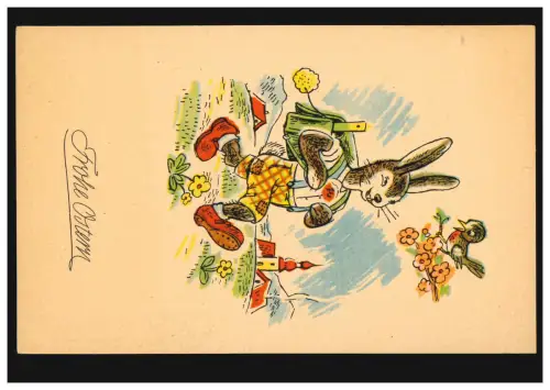 Künstler-AK Ostern Osterhase mit Schulranzen, HERMA-Karte 26-4-16, ungebraucht