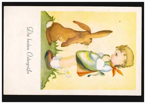 AK Artiste Hilla Peyk: Pâques - Lapin de PÂques et enfant, couru vers 1940