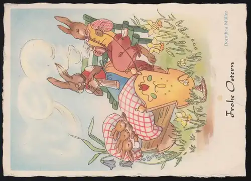 AK Artiste Dorethea Müller: Pâques - Famille de lapins, BERLIN 1951
