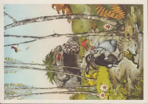 Künstler-AK Ostern Vermenschlichte Hasen auf dem Weg ins Glück, ungebraucht