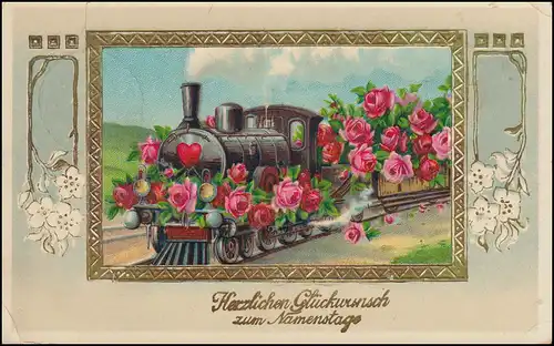 AK Namenstag Eisenbahn bringt Rosen, FRECHEN 22.7.1911