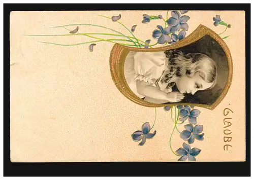 Künstler-AK Glaube: Betendes Kind, Veilchen-Girlande, ISSELBURG 31.12.1905