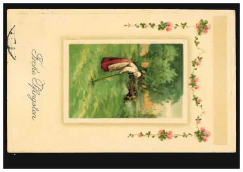 Künstler-AK Landschaftsbild mit Frau bei Heuernte, GELSENKIRCHEN 11.6.1916