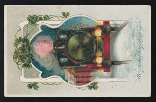 AK Neujahr: Eisenbahnzug bringt Geld mit Glücksklee-Girlande, Feldpost 31.12.17