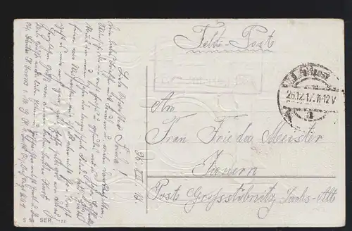 AK Nouvel An: Train de chemin de fer apporte de l'argent avec la Girlande de la Trèfle chanceuse, Feldpost 31.12.17