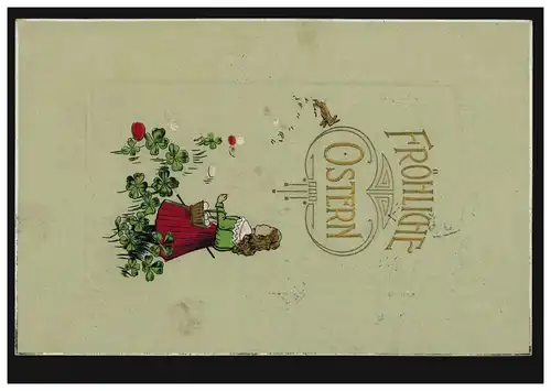 Künstler-AK Ostern Mädchen mit Korb Ostereier Glücksklee, per Bahnpost 16.4.1908
