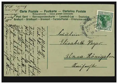 Künstler-AK Ostern Mädchen mit Korb Ostereier Glücksklee, per Bahnpost 16.4.1908