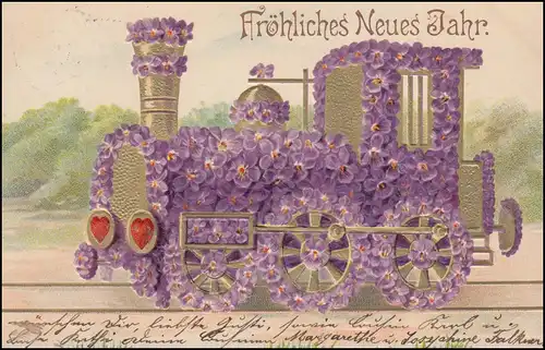 AK Neujahr: Eisenbahnzug aus Veilchenblumen, vergoldet, REGENSBURG 30.12.1905