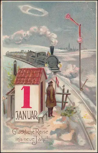 AK Neujahr - Glückliche Reise: Eisenbahn mit Schrankenwärter, FRANKFURT 31.12.15