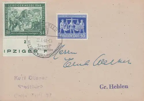 Währungsreform Zehnfachfrankatur 968+970 auf Fern-Postkarte SSt CELLE 22.6.1948