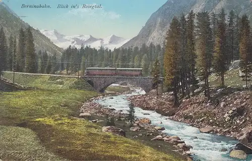 AK Berninabahn: vue sur la vallée de Rosegtal avec pont et chemin de fer, PONTRESINA 28.8.10