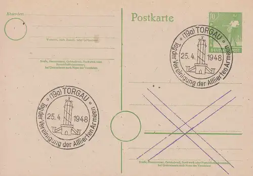 SSt TORGAU Journée de l'Union des armées alliées 25.4.48 sur carte postale P 961