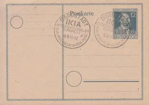 SSt DARMSTADT IKIA Ingenieur-Ausbildung 8.8.1947 auf Postkarte P 965 Stephan