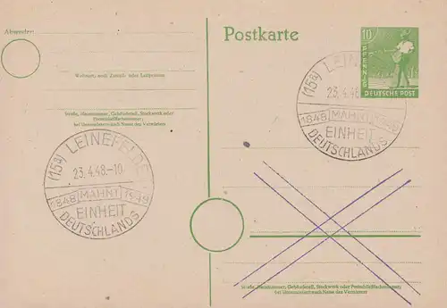 SSt LEINEFELDE 1848-1948 Mahnt Einheit Deutschlands 23.4.48 auf Postkarte P 961