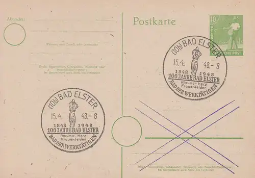 SSt BAD ELSTER Bad der Werktätigen 15.4.1948 auf Postkarte P 961