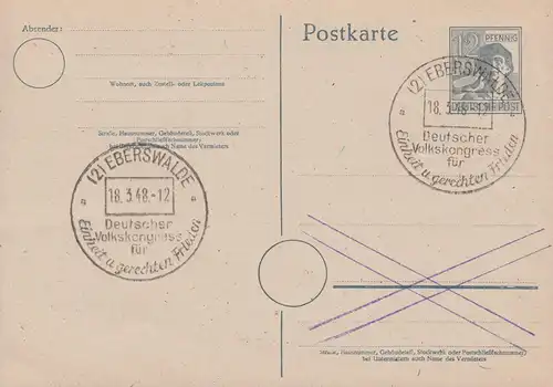 SSt EBERSWALDE Congrès du peuple allemand Unité 18.3.1948 sur carte postale P 962