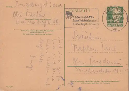 Carte postale P 41I a Bebel 10 Pf. DV III/18/185, BERLIN N 4 ag 10.7.1952 Localité-PK