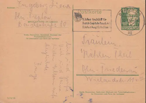 Carte postale P 41I a Bebel 10 Pf. DV III/18/185, BERLIN N 4 ag 10.7.1952 Localité-PK
