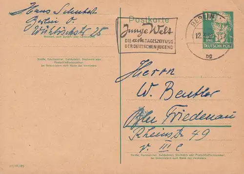 Carte postale P 41a I Bebel 10 Pf DV III/18/185, BERLIN Jeune monde 12.3.52 Localité-PK