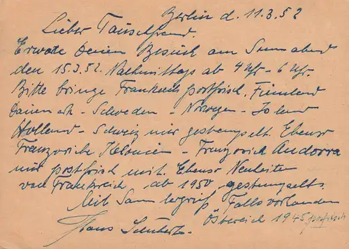 Carte postale P 41a I Bebel 10 Pf DV III/18/185, BERLIN Jeune monde 12.3.52 Localité-PK