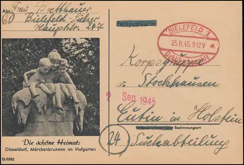Bielefeld 1 Gebühr-Bezahlt-Stempel Postkarte 23.8.1945 an Suchabteilung in Eutin
