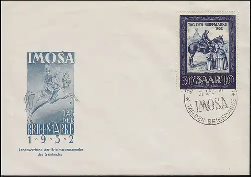 361 Tag der Briefmarke 1955 auf Schmuck-Umschlag SSt SAARBRÜCKEN IMOSA 31.3.1952