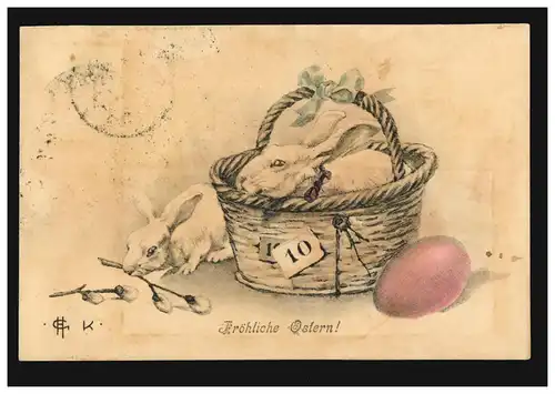 AK Artiste Lièvre de Pâques dans le panier avec l'œuf de pâque, GRAZ 2.4.1907 après Komarom/Koborn