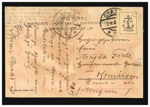 AK Artiste Lièvre de Pâques dans le panier avec l'œuf de pâque, GRAZ 2.4.1907 après Komarom/Koborn